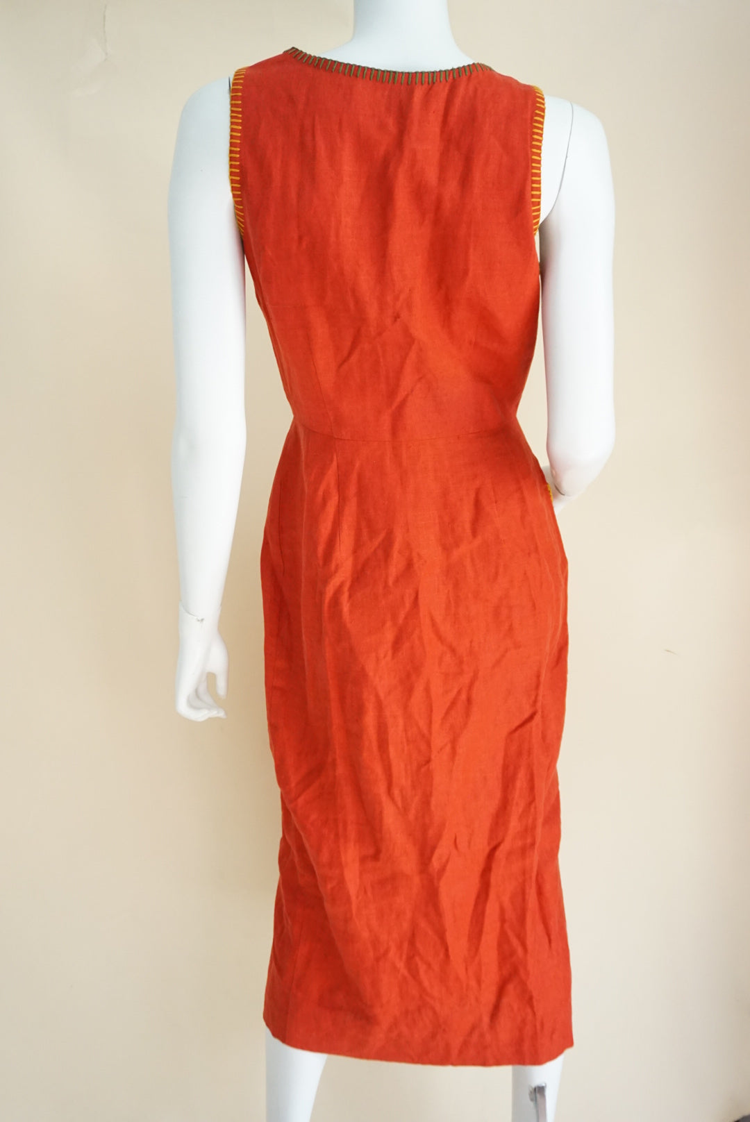 Nicole Miller USA Made VTG Terracotta Linen Colorblock Trim Maxi 90s Dress - Size Small