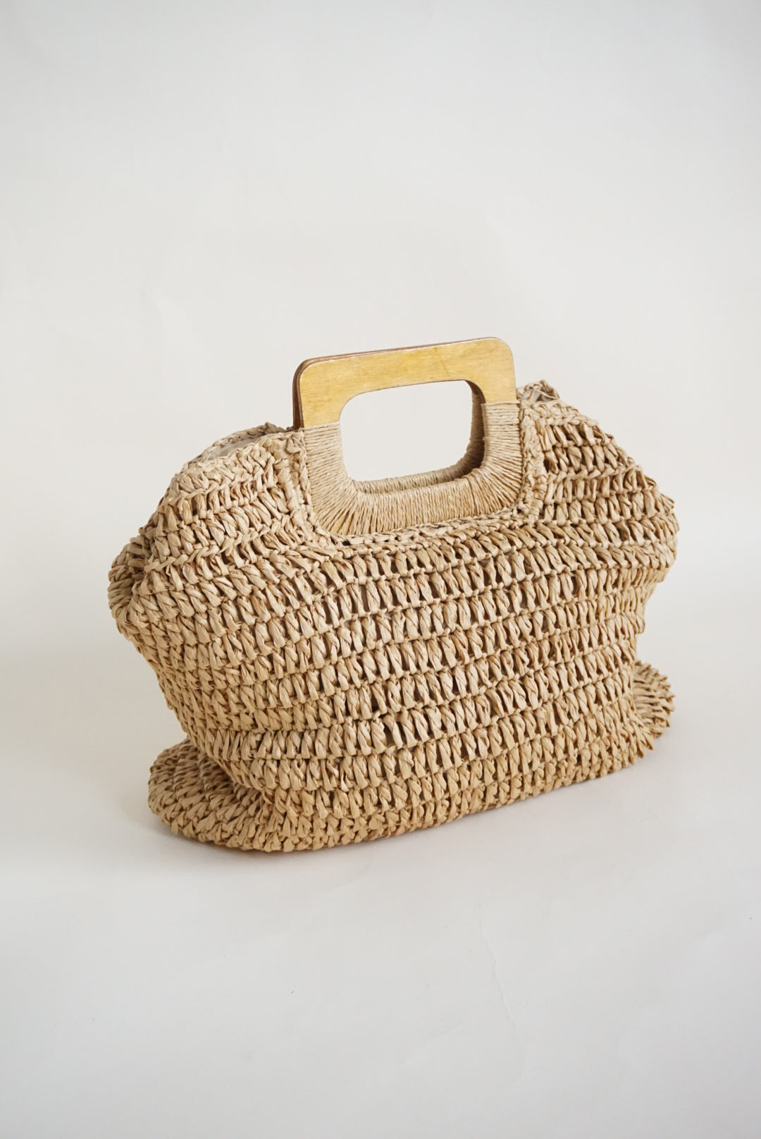 Anncla Square Palmilla Raffia Wooden Handle Tote Beach Bag
