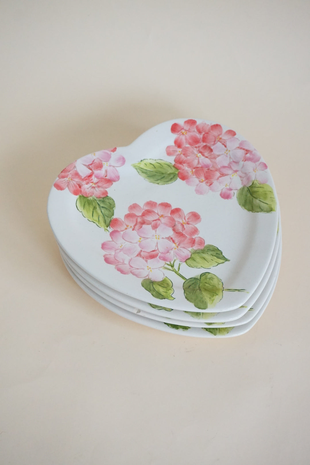 Ceramic Pink Hydrangeas Heart Shape Plates - Set of 4