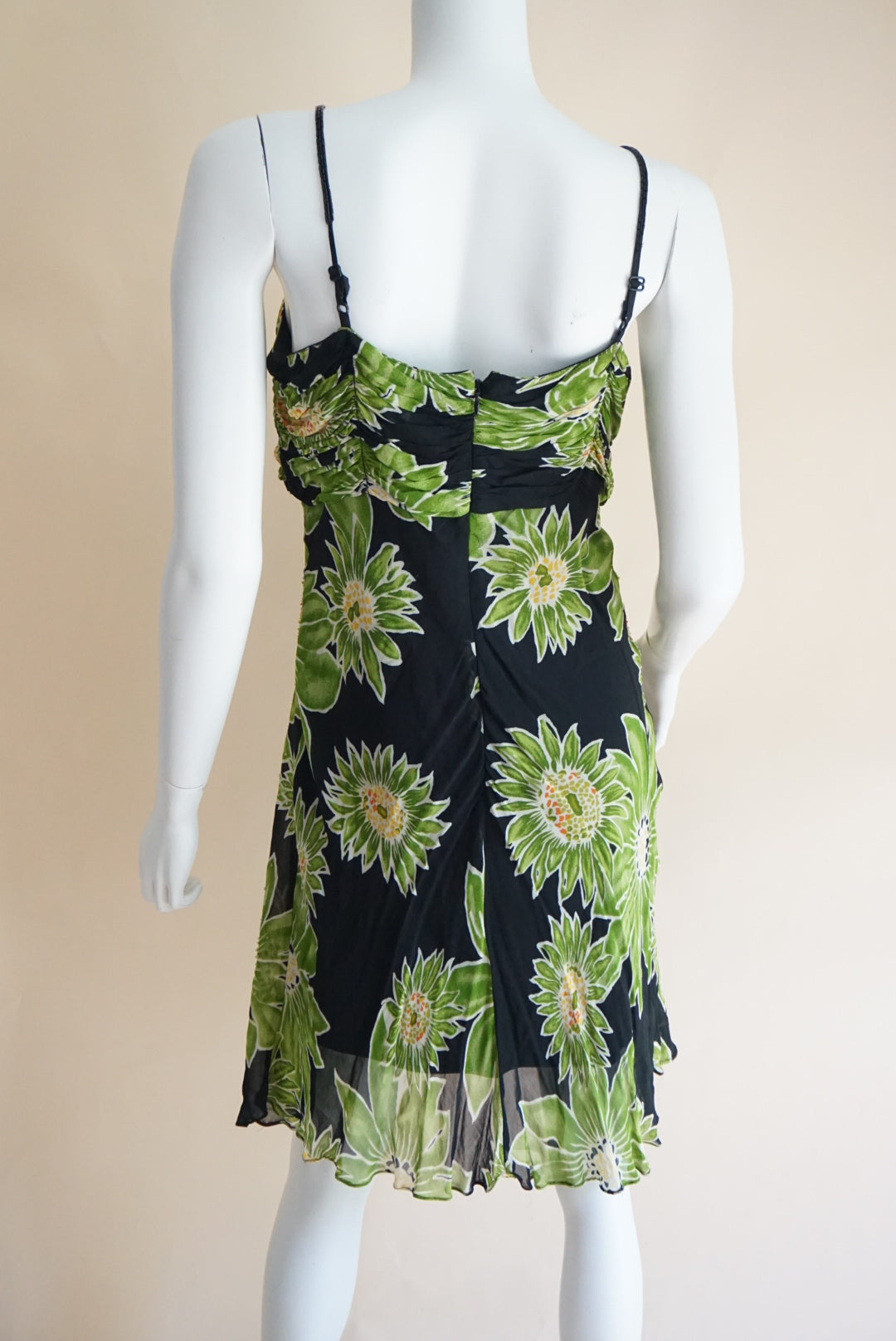 Eva Blue Beaded Green / Black Floral Slip Dress - Size 12