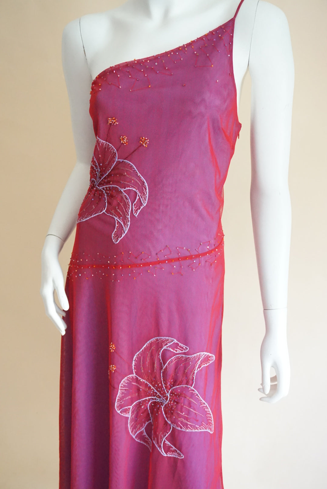 BCBGMAXAZRIA Red/Purple Lily Embroidered Beaded Y2K One Shoulder Maxi Dress - Size Large