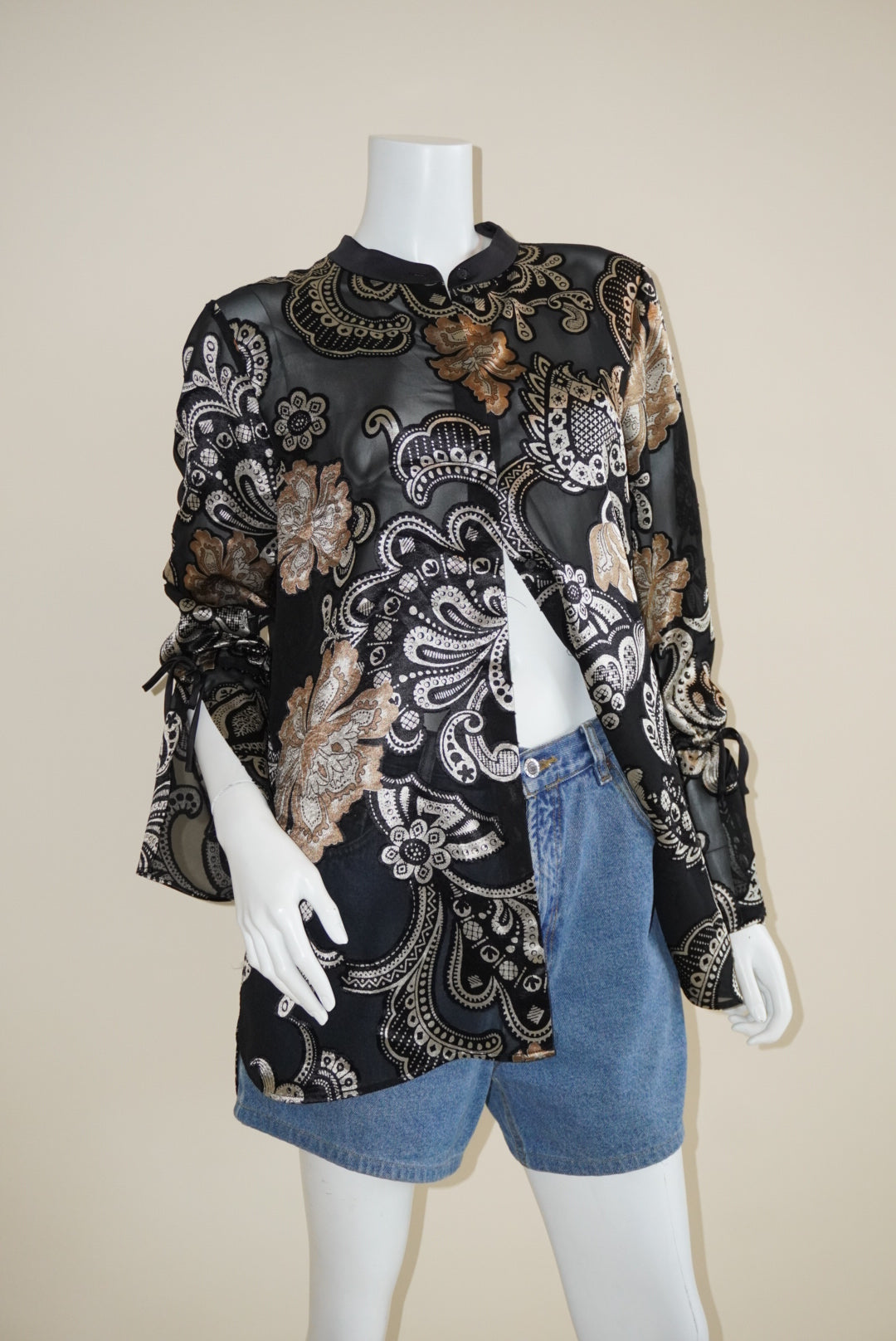 Lafayette 148 Sheer Floral Burnout Velvet Mandarin Collar Blouse - Size Large