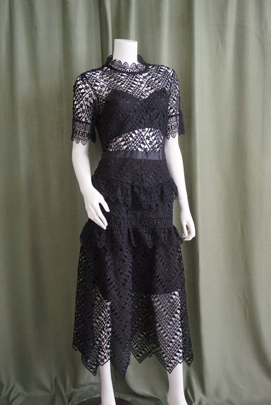 Vintage Style Sheer Black Lace Victorian Maxi Dress - Size M/Large