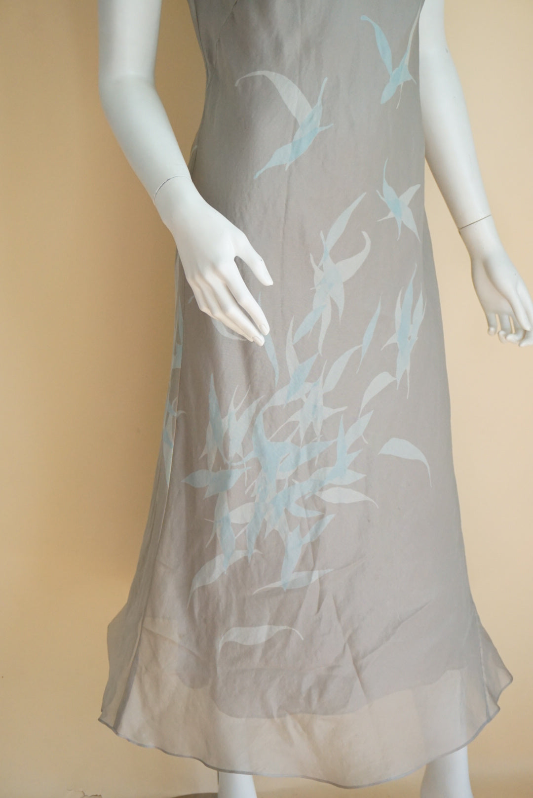 Banana Republic VTG Y2K Spring Summer 2000 Grey Bird Design Maxi Dress - Size 8