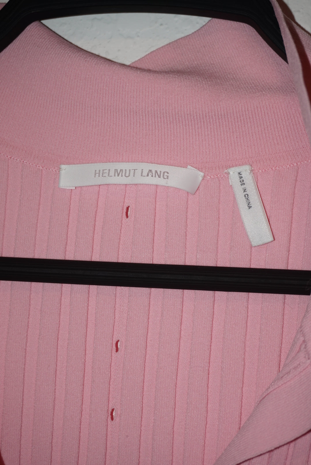 "Helmut Lang" Pink Ribbed Knit Slash Polo Top - Size Large
