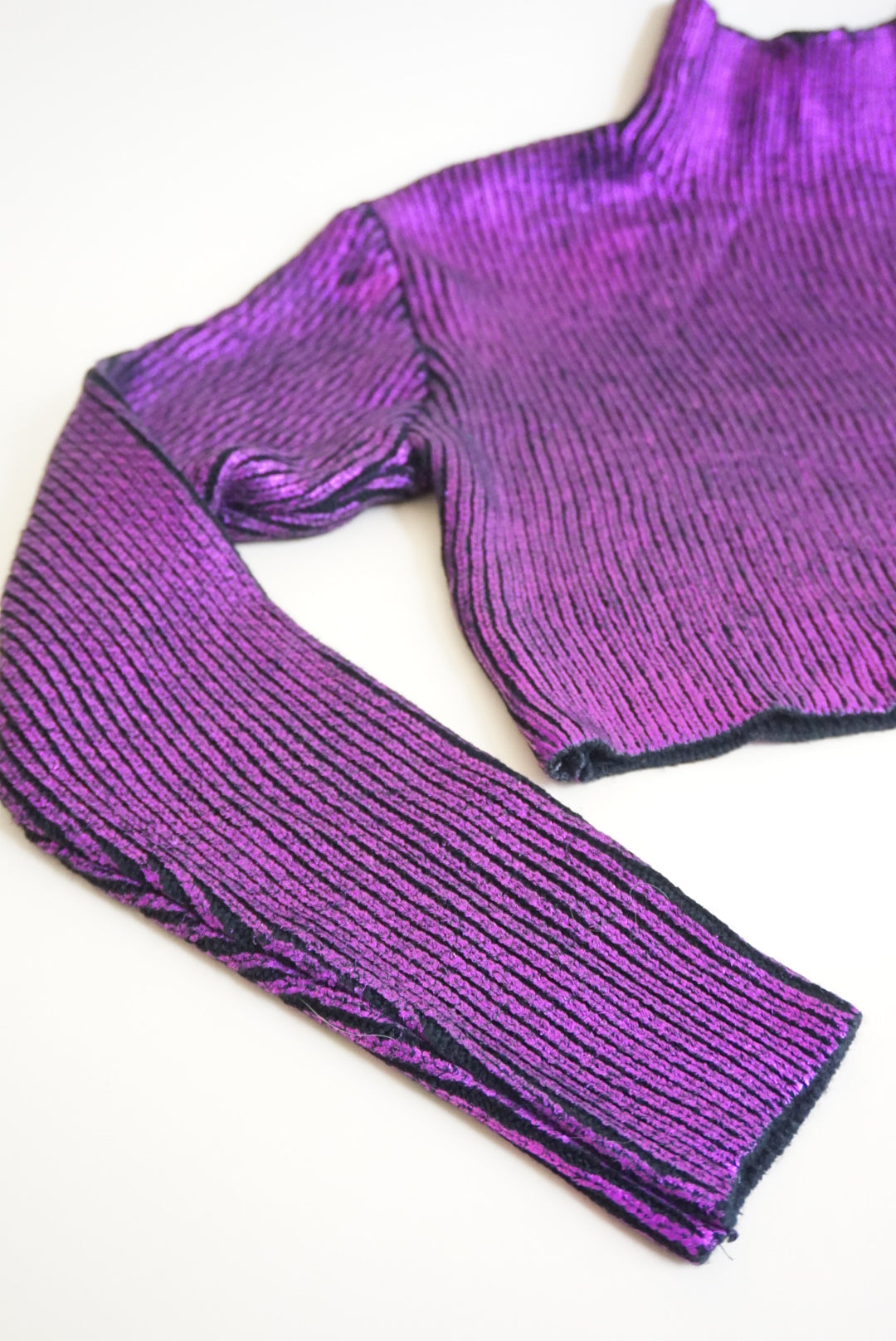 Akira Metallic Purple Cable Knit Cropped Turtle Neck Sweater - Size Small