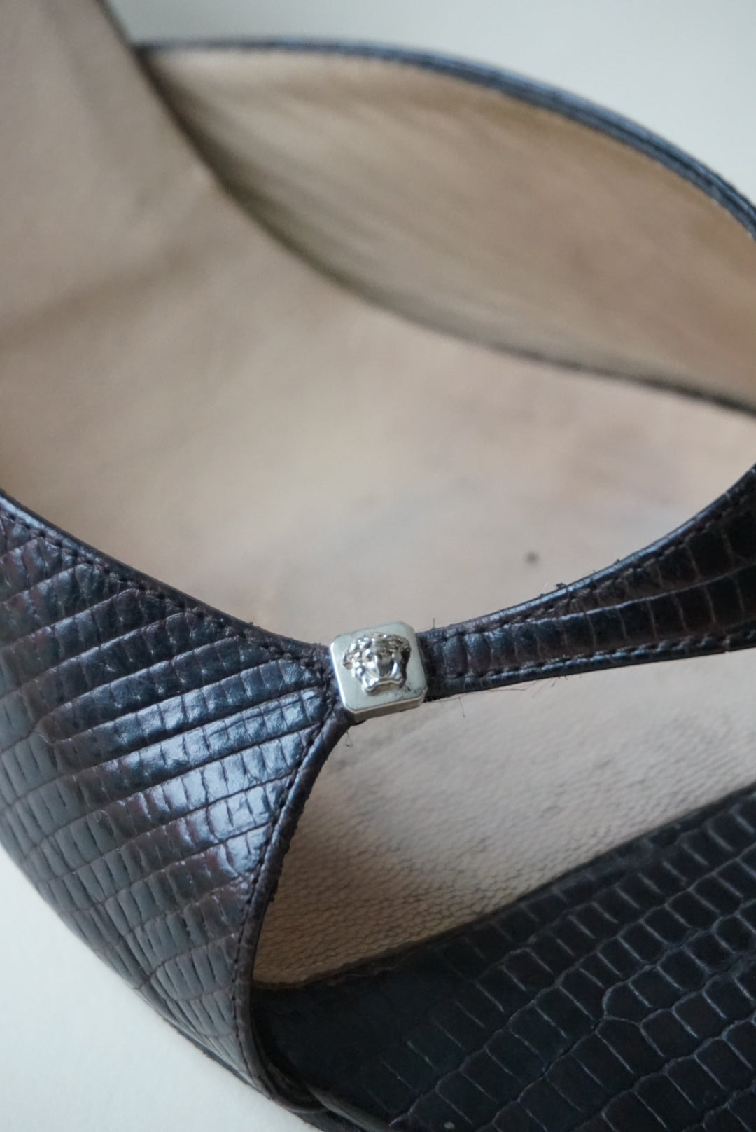 "Versace" Vintage Reptile Brown Open Toe Kitten Heels - Size 40