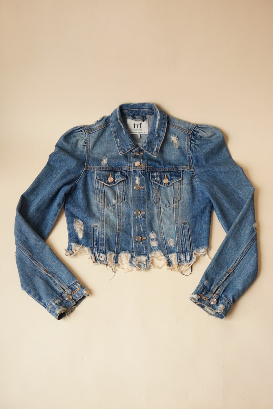 Zara TRF Collection Medium Wash Frayed Hem Denim Jacket - Size Small