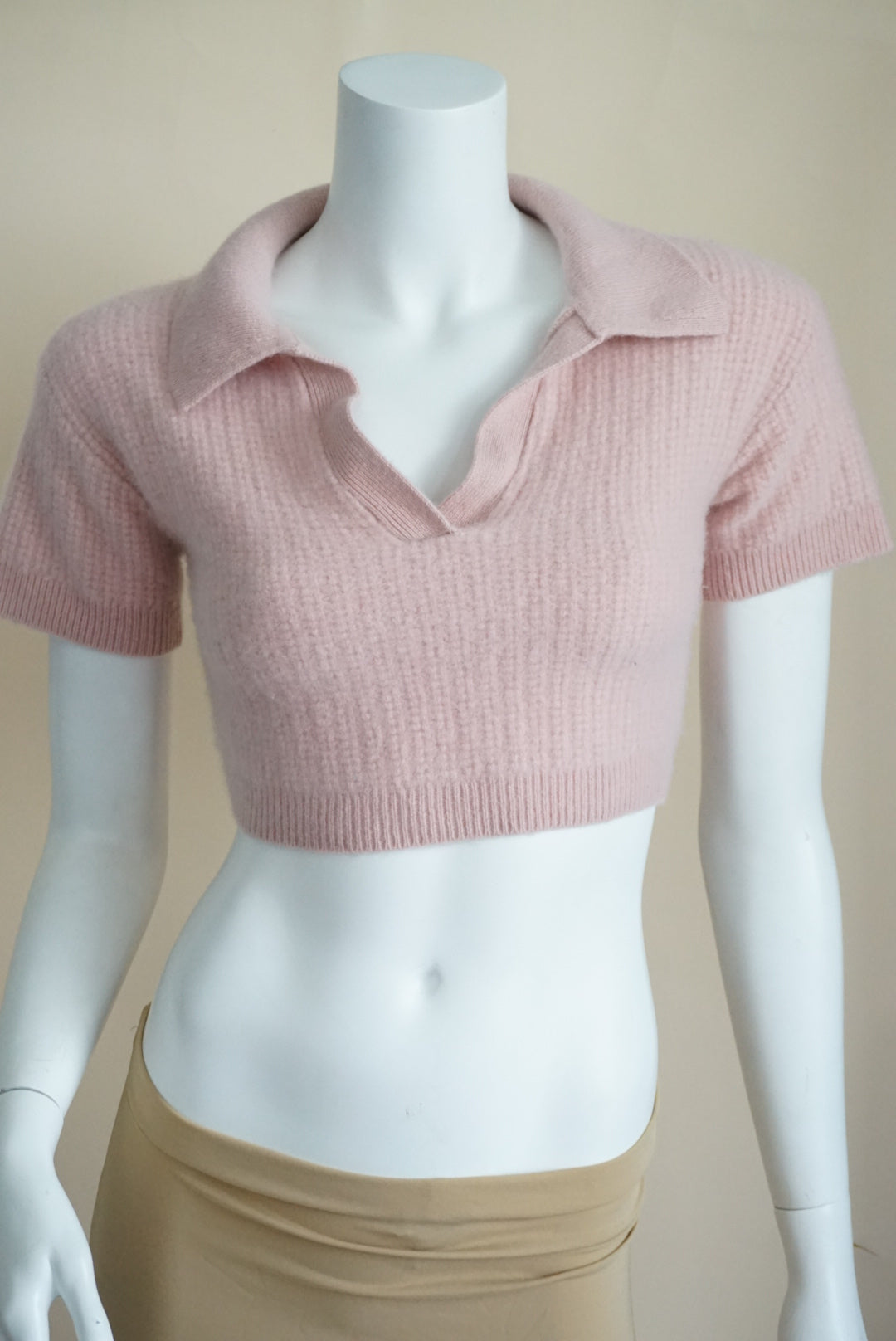 Alo Cashmere Plush Waffle Pink Cable Knit Cropped Polo Tee - XS/S