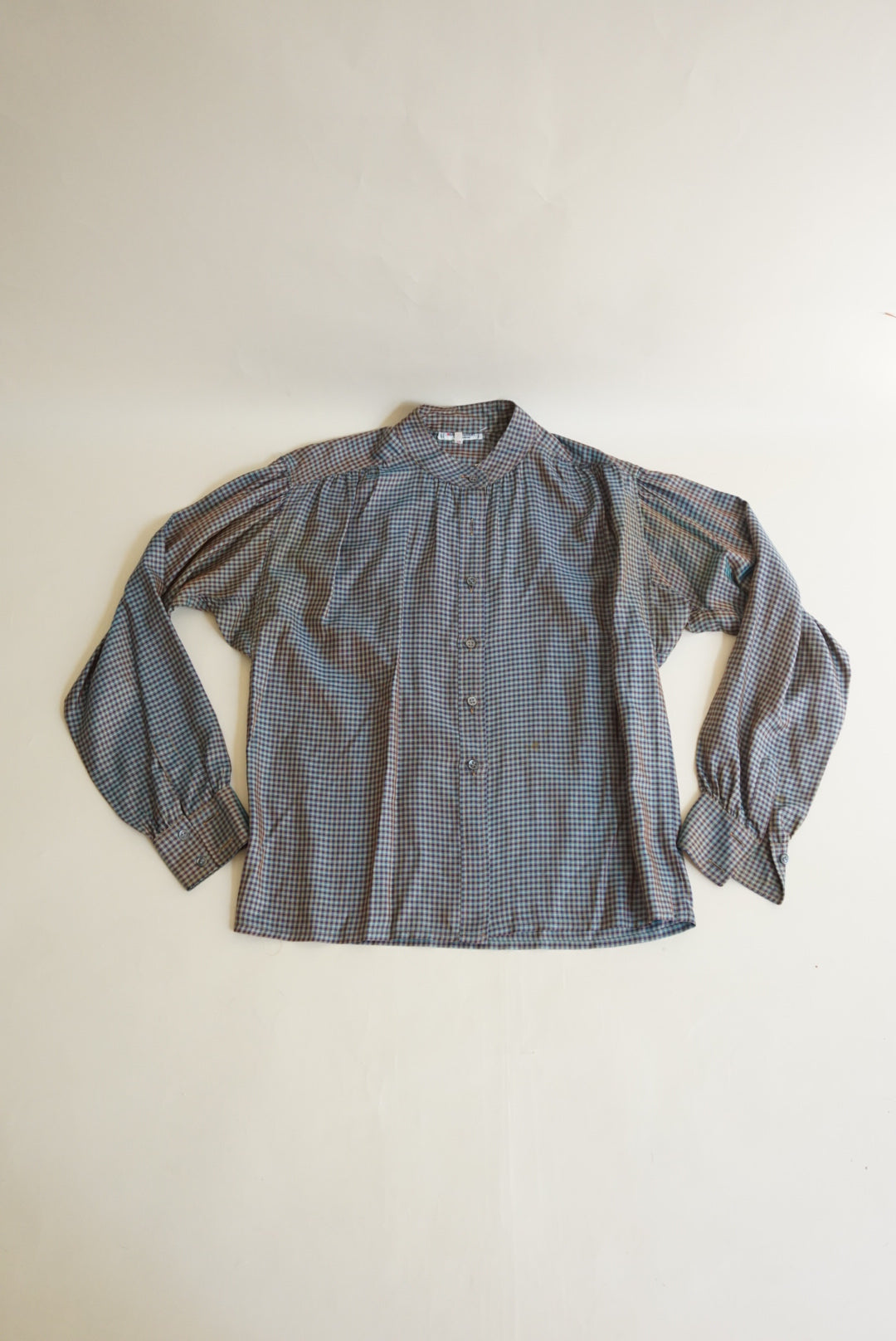 Saint Laurent Rive Gauche VTG Iridescent Mandarin Collar Silk Plaid Blouse - Size 40