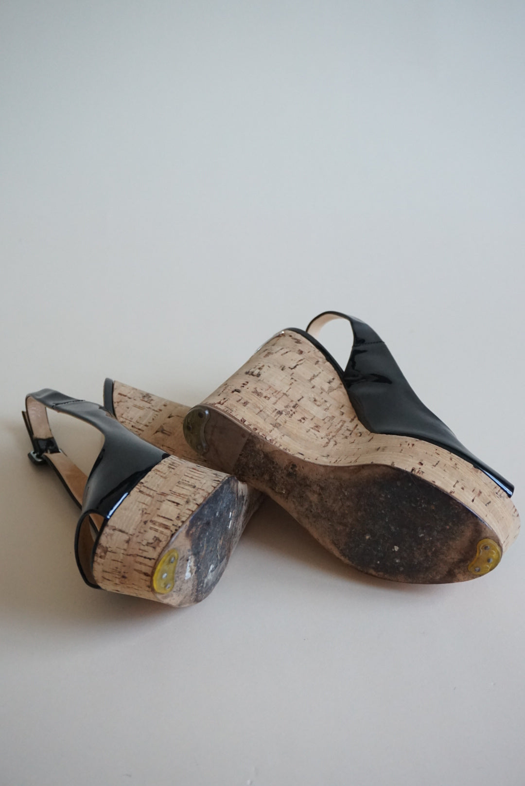 “Giuseppe Zanotti” Black Patent Leather Peep Toe Cork Wedges - Size 38