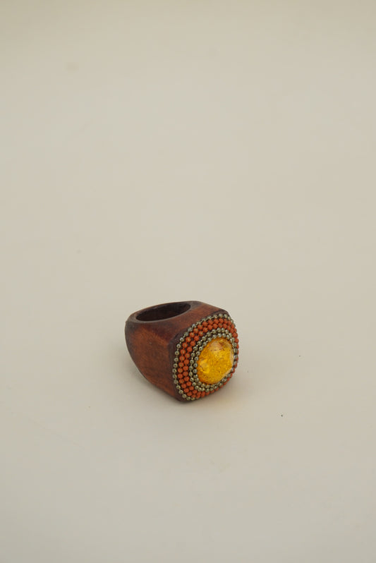 Wooden Beaded Faux Tourmaline Stone Ring - Size 7