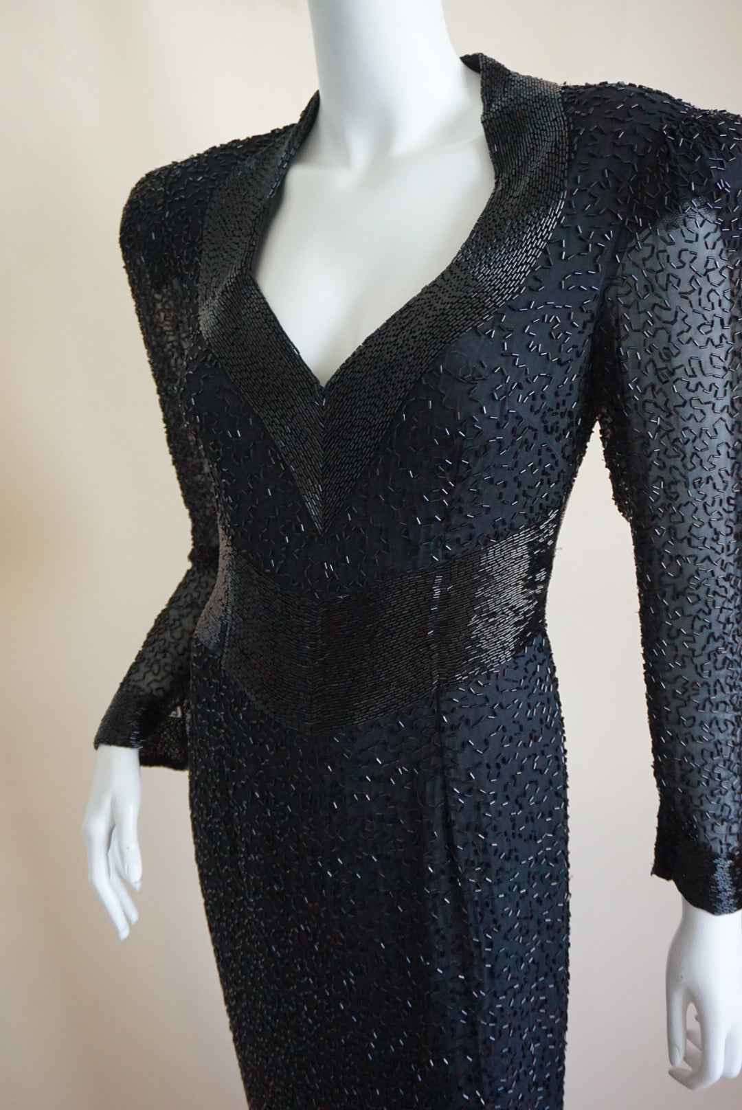 Lillie Rubin Exclusive Vintage Beaded Open Back Black Silk Statement Gown - Size 8