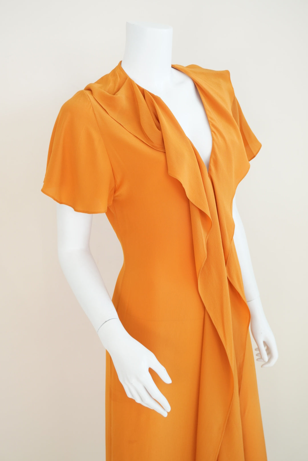Victoria Beckham Mustard Silk Made in Italy Ruffle Plunge Neck Dress