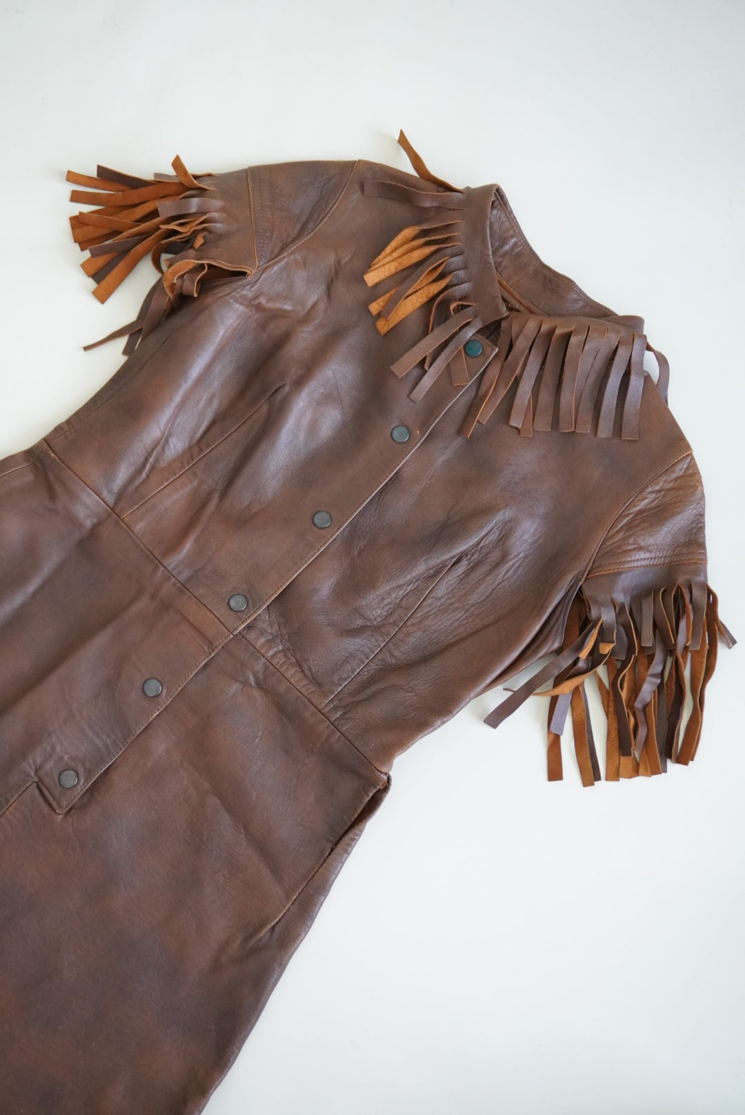 Vintage 60s/70s Bohemian-Mod Style Fringe Handmade Brown Leather Dress - Flaw