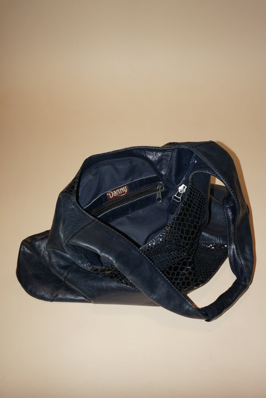 "Danny" Vintage Leather Textured Shoulder Bag Navy Blue