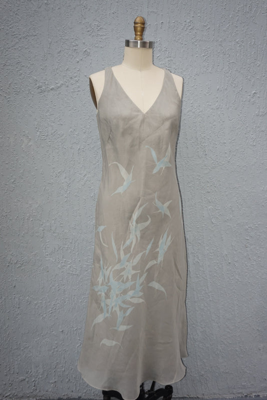 "Banana Republic" Vintage Spring Summer 2000 Grey Bird Design Sleeveless Maxi Dress - Size 8