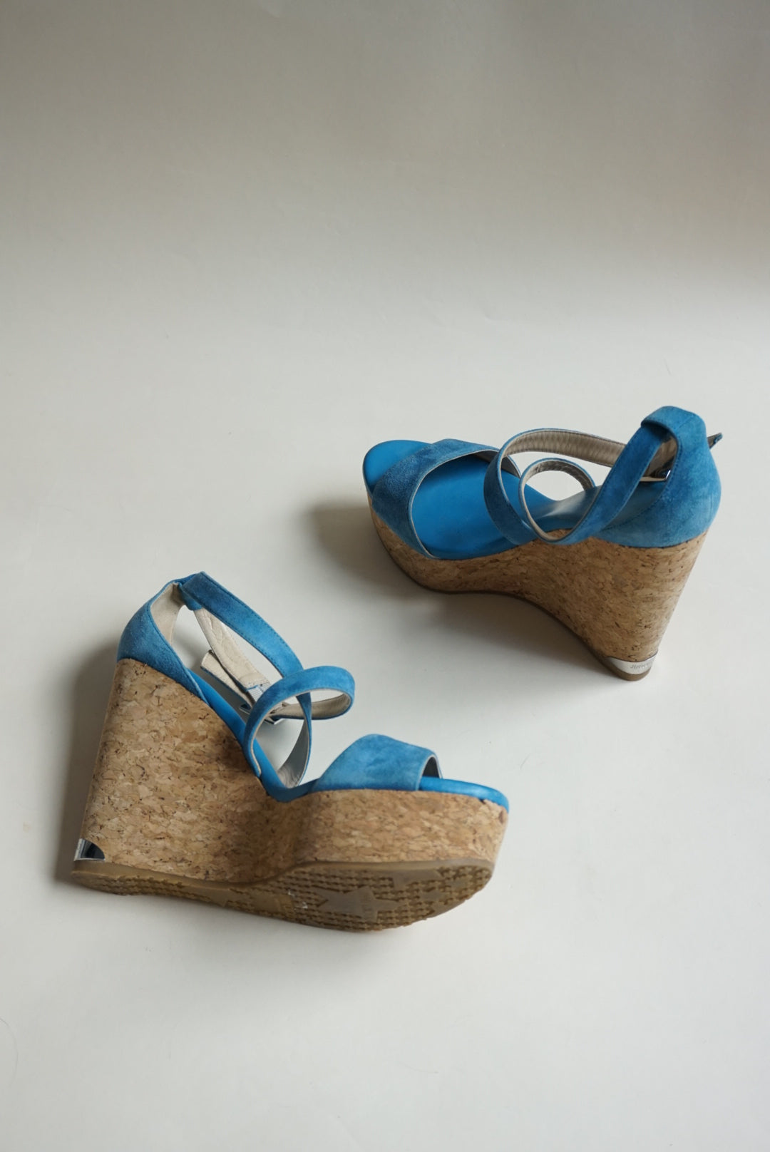 “Jimmy Choo” Blue Suede Cross Strap Cork Wedges - Size 38.5