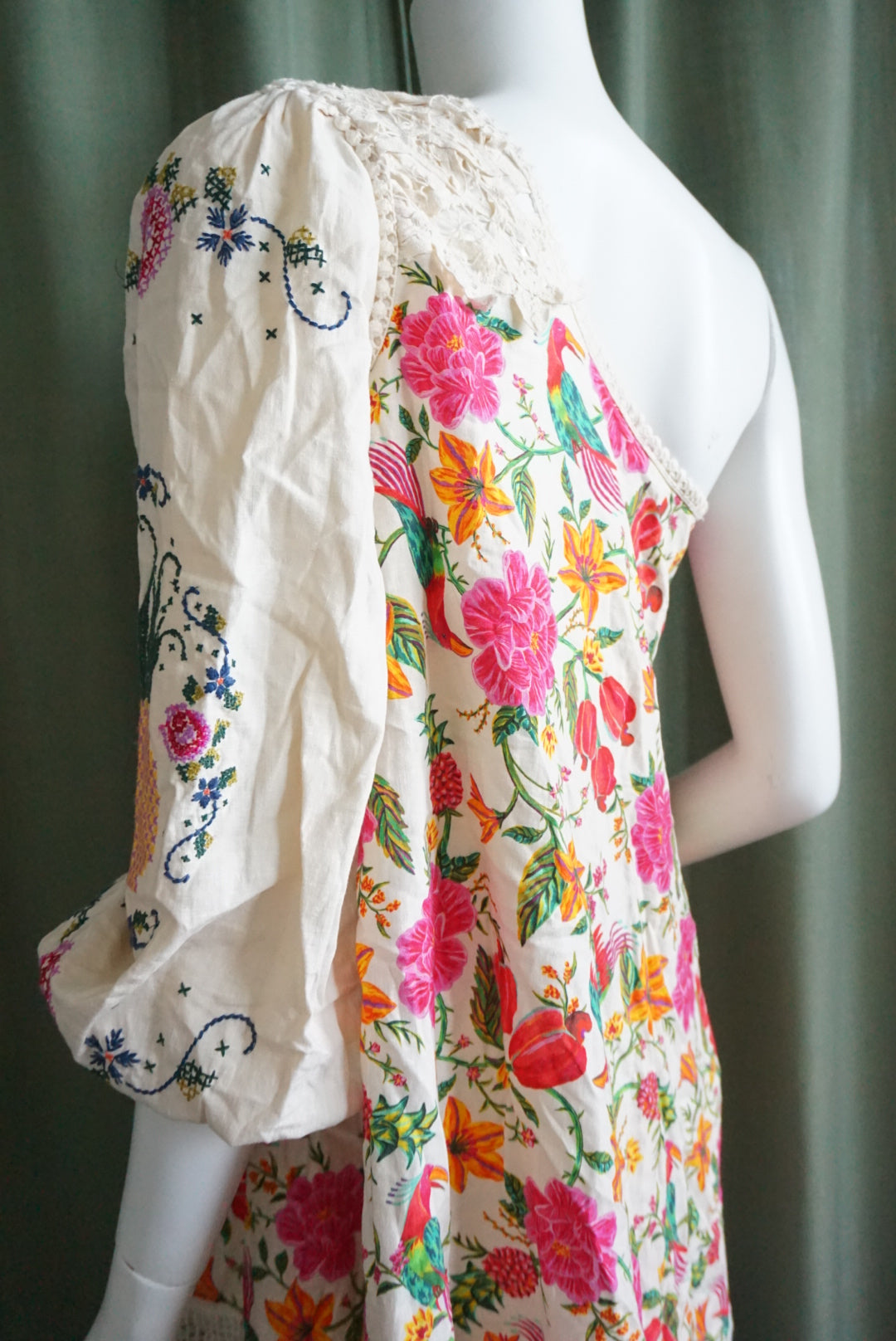 Farm Rio Anthropologie Toucans Garden One Shoulder Embroidered Dress - Size XS