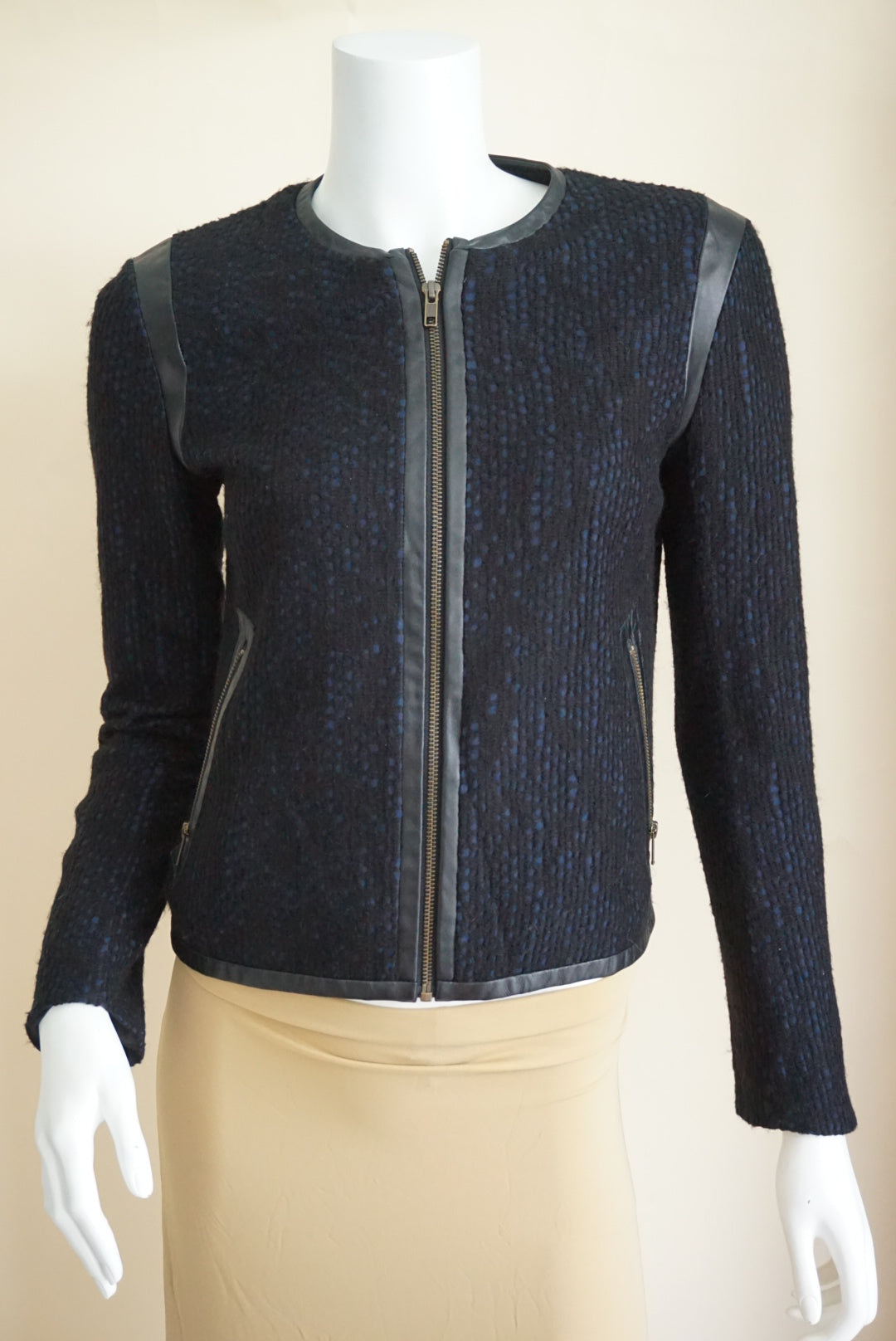 10 Crosby Derek Lam Navy/Black Wool Tweed Lambskin Leather Trim Moto Jacket - Size 2