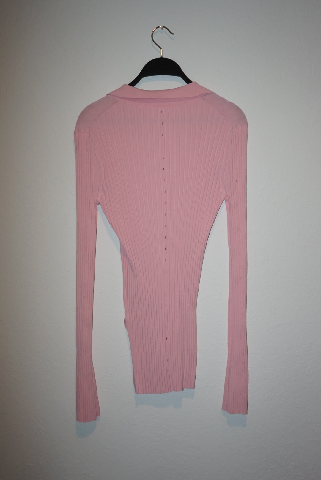 "Helmut Lang" Pink Ribbed Knit Slash Polo Top - Size Large