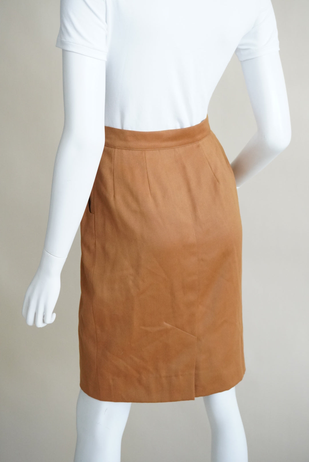 Hermes 70's VTG Camel Brown Wool Pleated Pencil Skirt - Size 38
