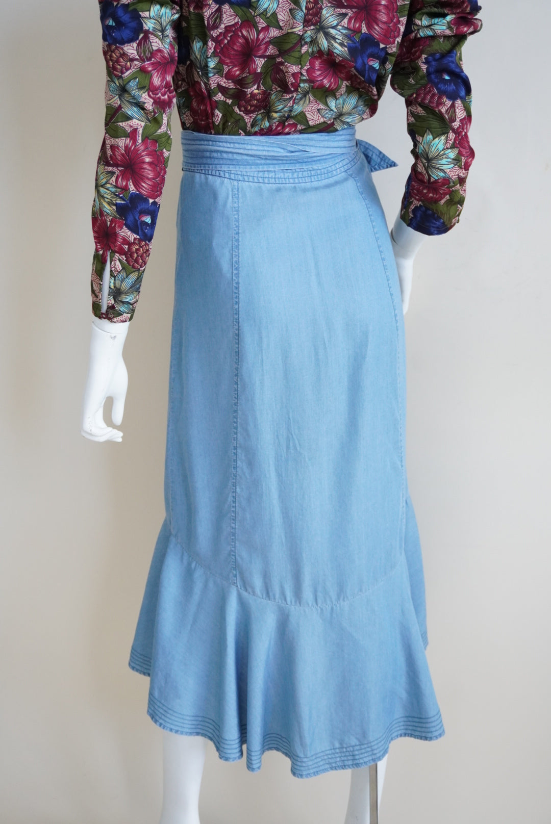 Intermix Denim Blue Chambray Ruffle Asymmetrical Wrap Skirt - Size Small