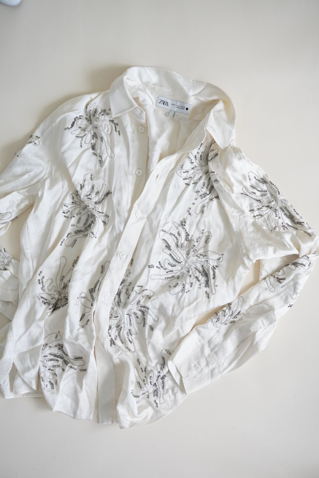 Zara Ivory Beaded Button Down Blouse - Size Small