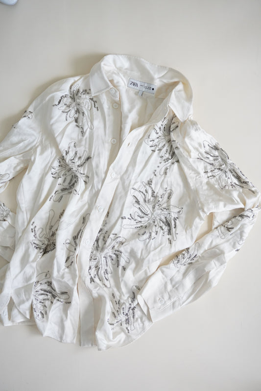 Zara Ivory Beaded Button Down Blouse - Size Small