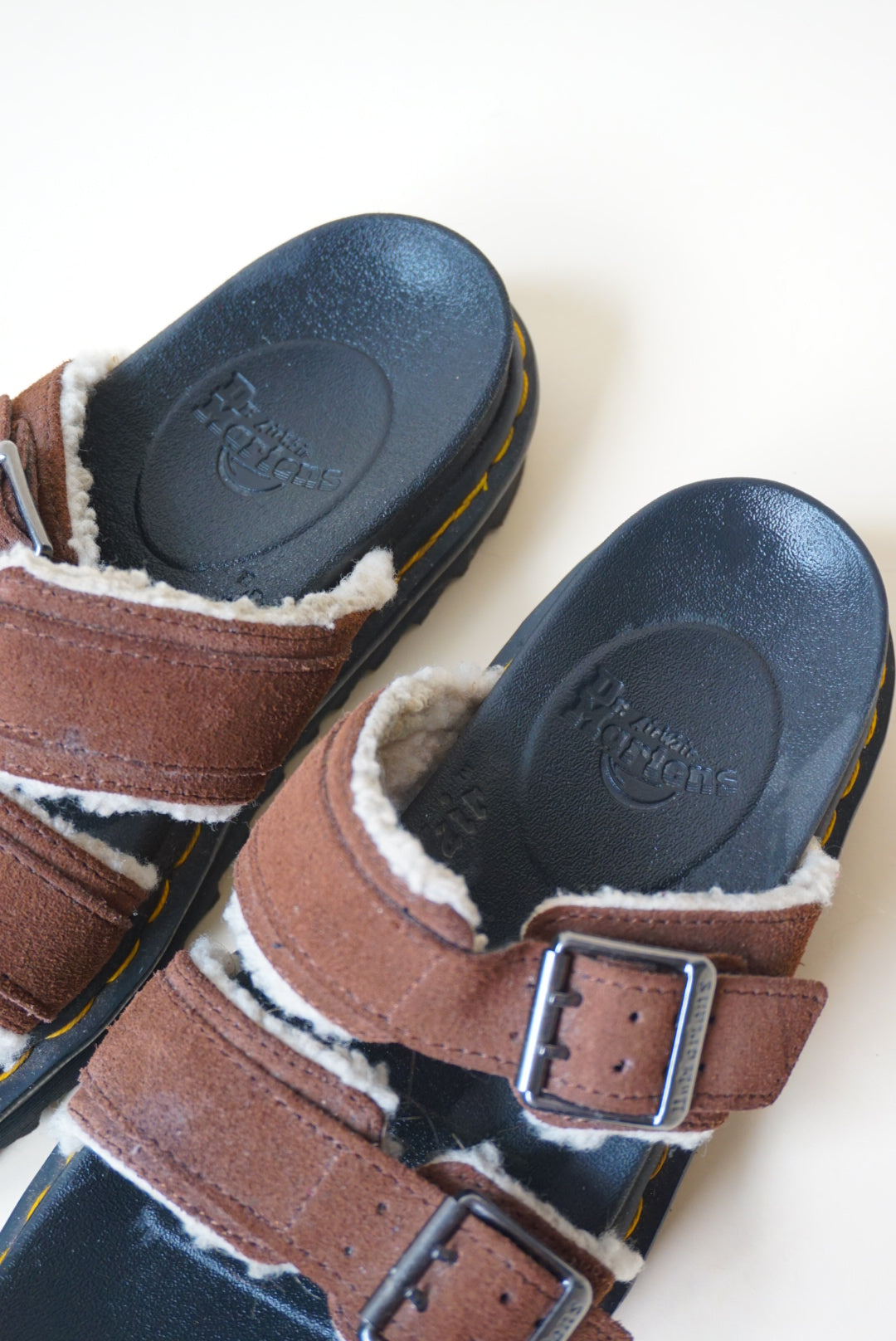 Dr. Martens Brown "Myles" Suede Faux Fur Lined Buckle Sandals - Size 7
