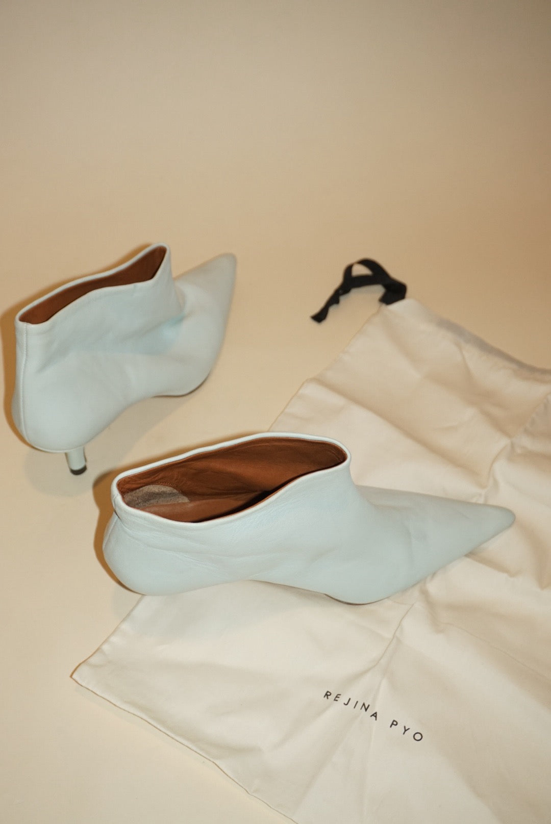 “Rejina Pyo” Pointed Bone Ankle Leather Kitten Heel Booties - Size 37