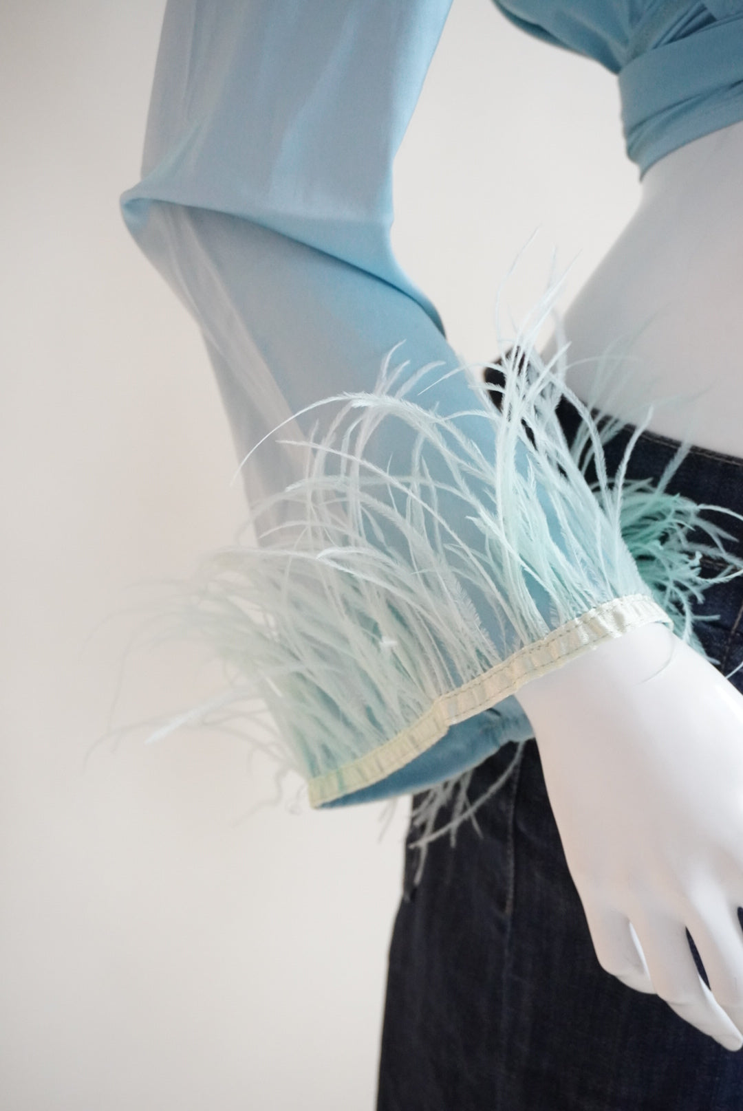 SHEIN Feather Trim Cropped Sky Blue Wrap Top