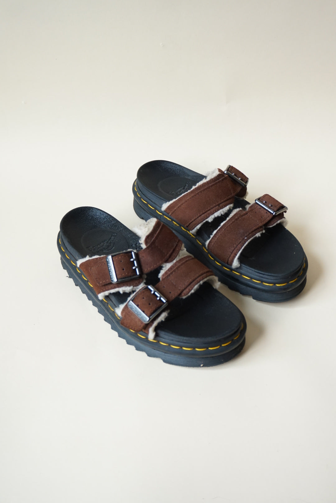 Dr. Martens Brown "Myles" Suede Faux Fur Lined Buckle Sandals - Size 7