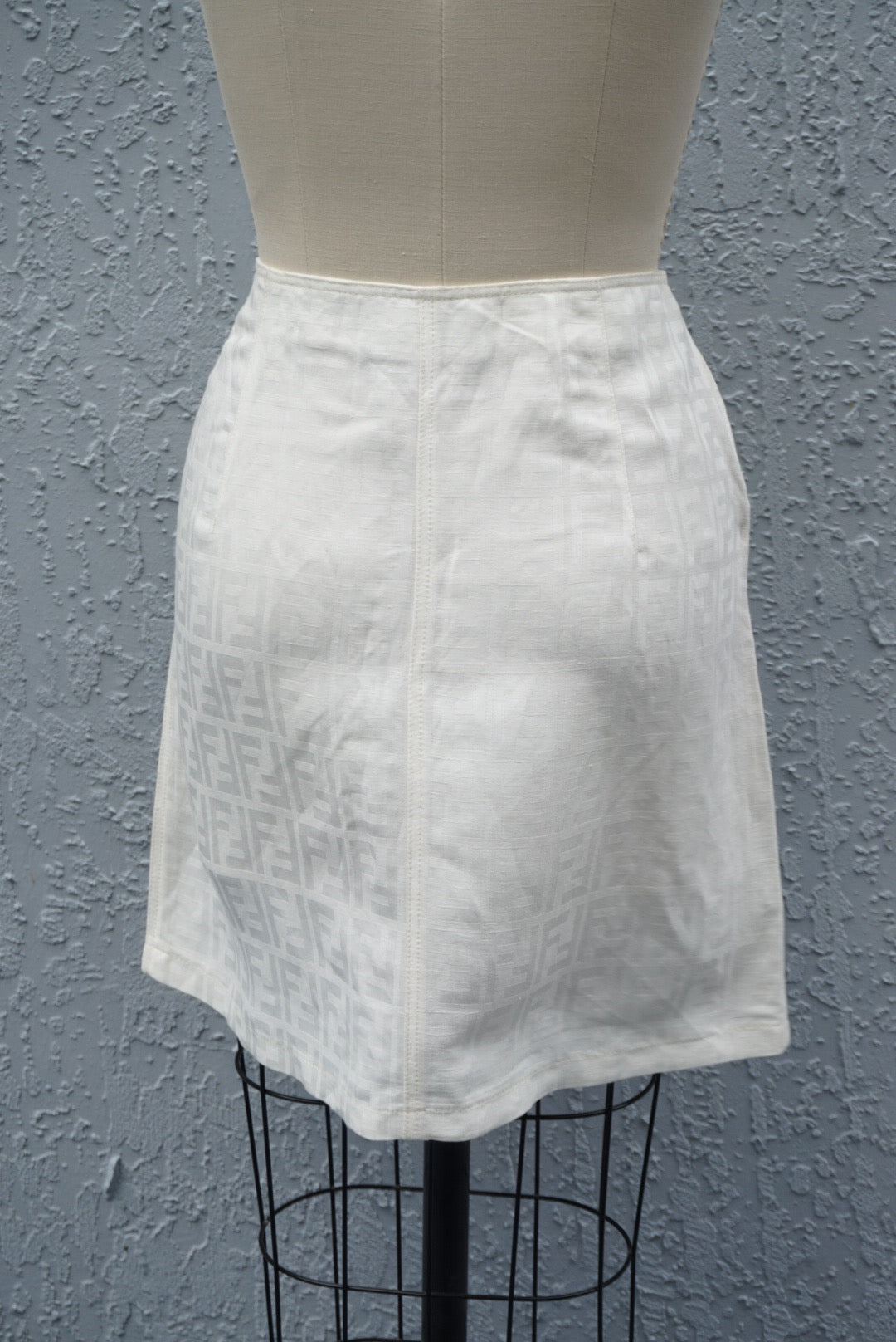 “Fendi” Vintage Zucca White Monogram Front Zip Skirt - 12