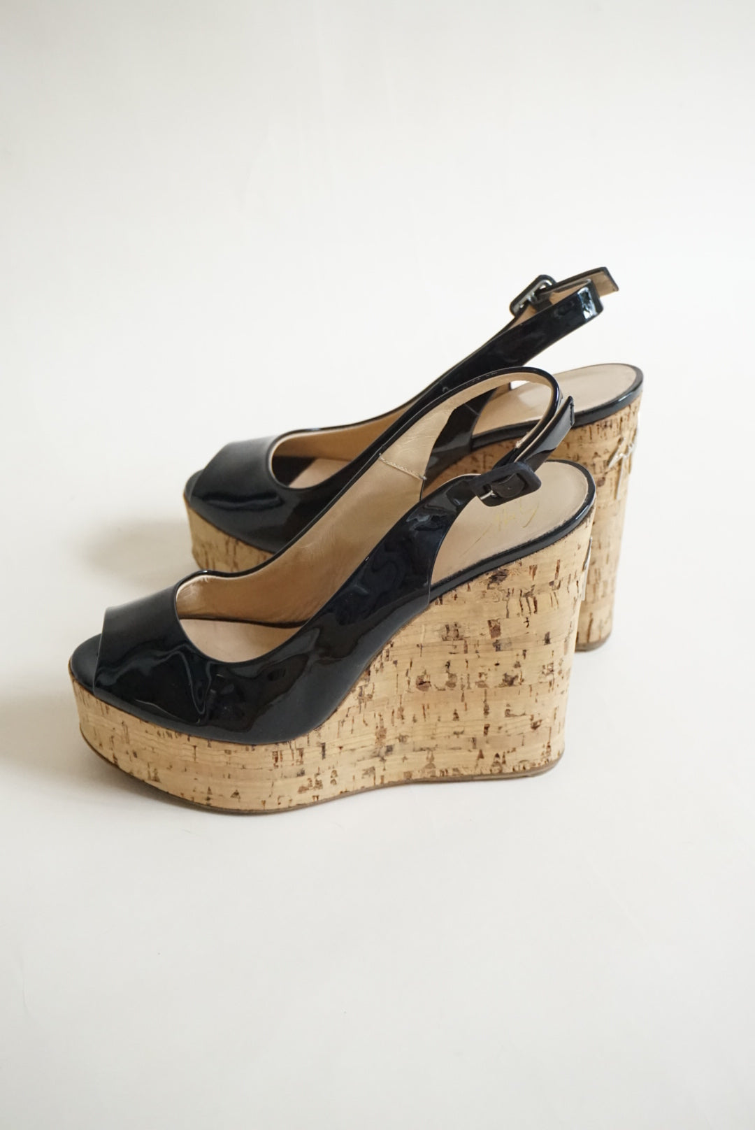Giuseppe Zanotti Black Patent Leather Peep Toe Cork Wedges - Size 38