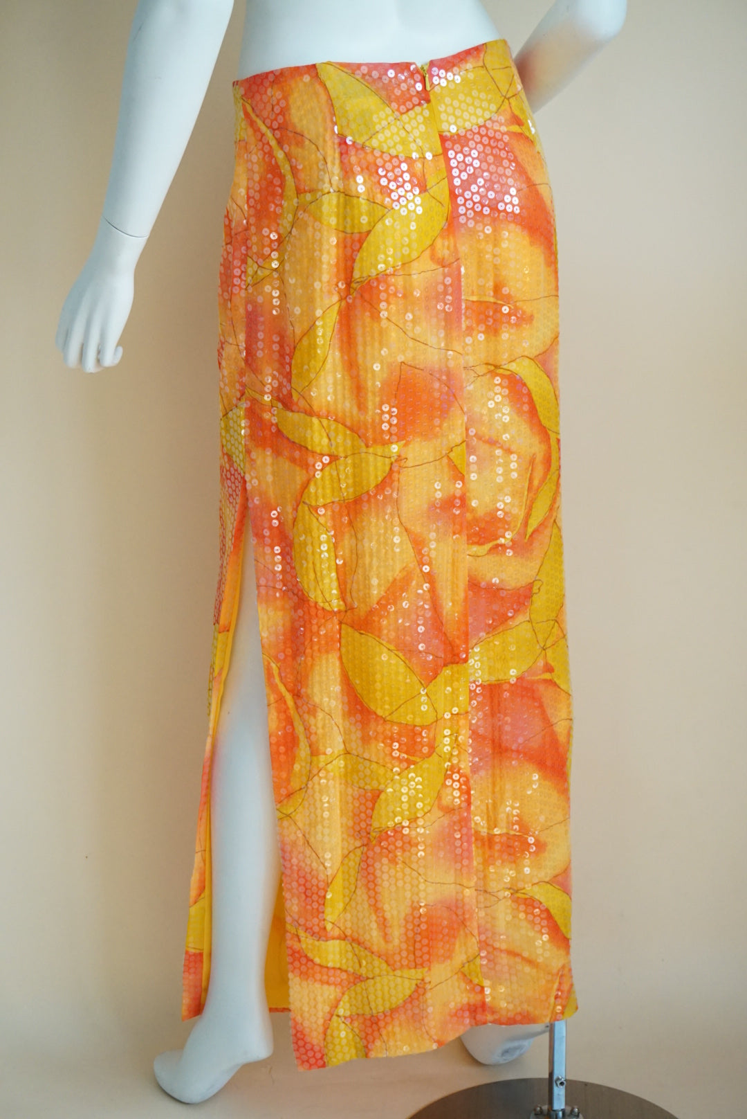 Chetta B Evening Orange Sunset Sequin Maxi Side Slit Skirt - Size 8