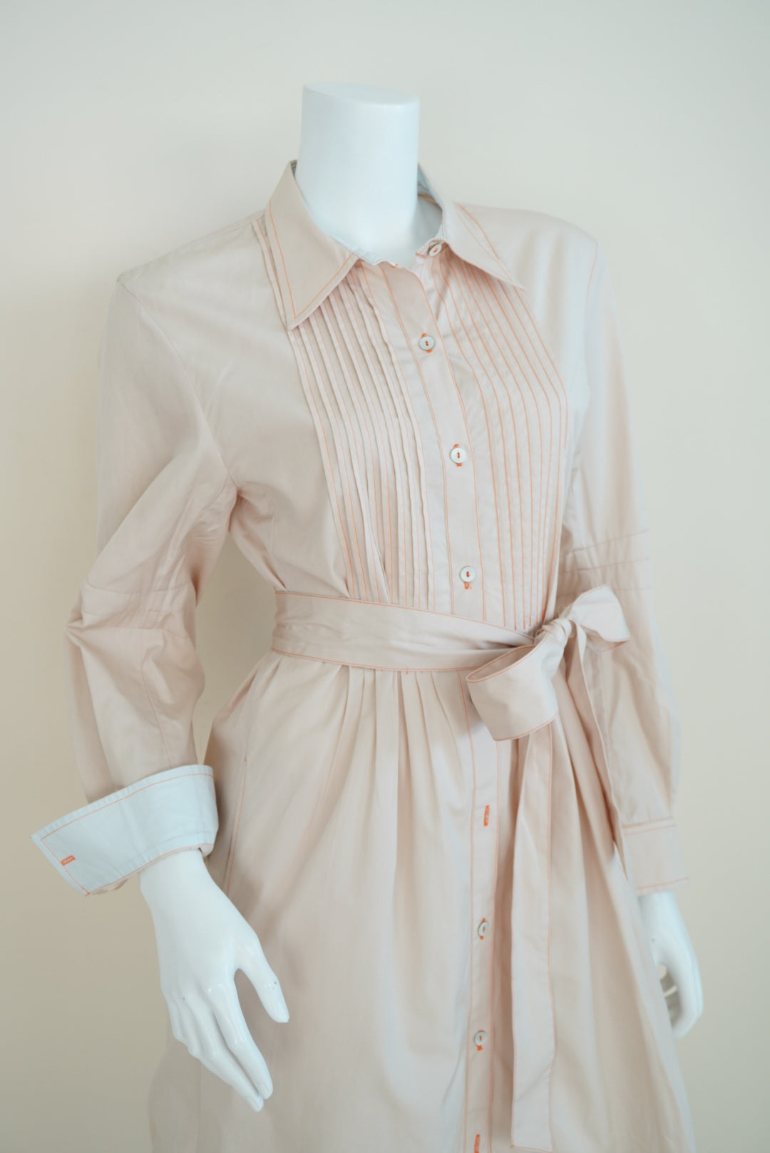 Thierry Colson Beige Orange Contrast Stitching Belted Shirtdress - Size Medium
