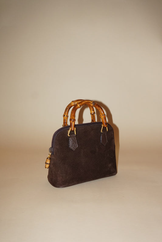 “Gucci” 80’s Brown Suede Mini Vintage Bamboo Handbag