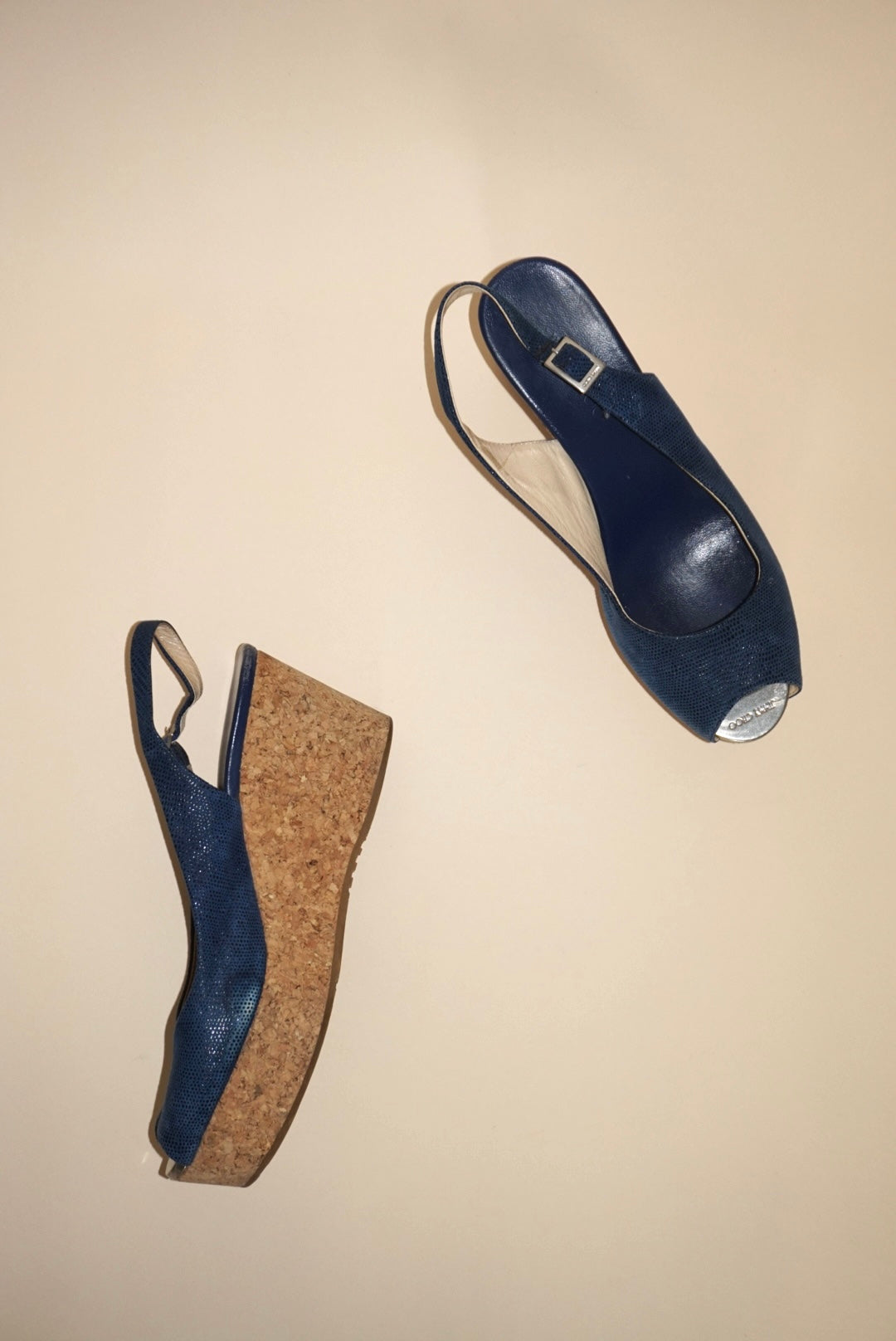 “Jimmy Choo” Royal Blue Slingback Cork Wedges - Size 38