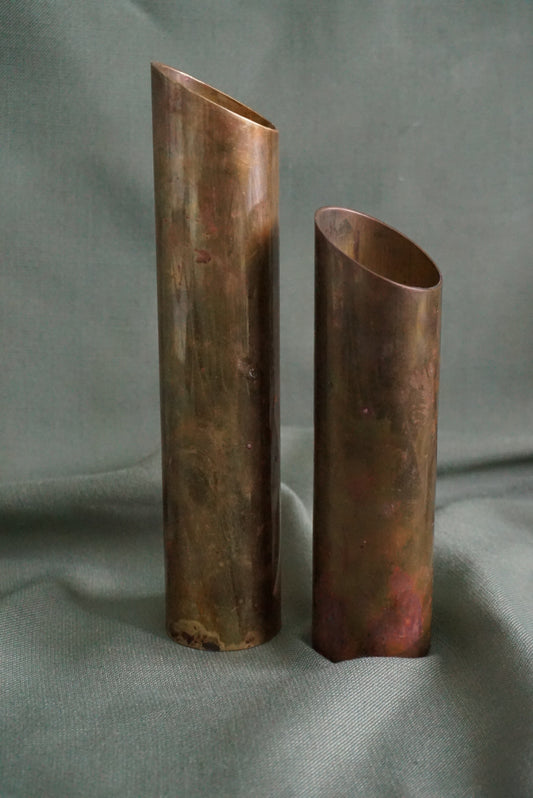 Mid Century Modern Danish Brass Cylinder Angled Top Candle Holders - Set of 2