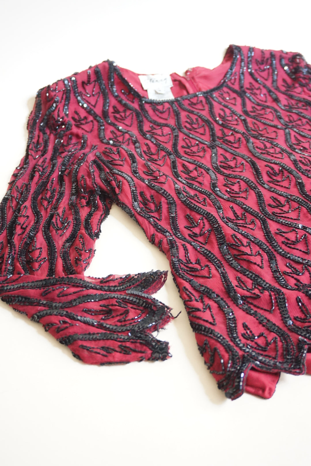 Stenay Vintage Silk Burgundy Beaded Scalloped Hem Blouse - Size Medium