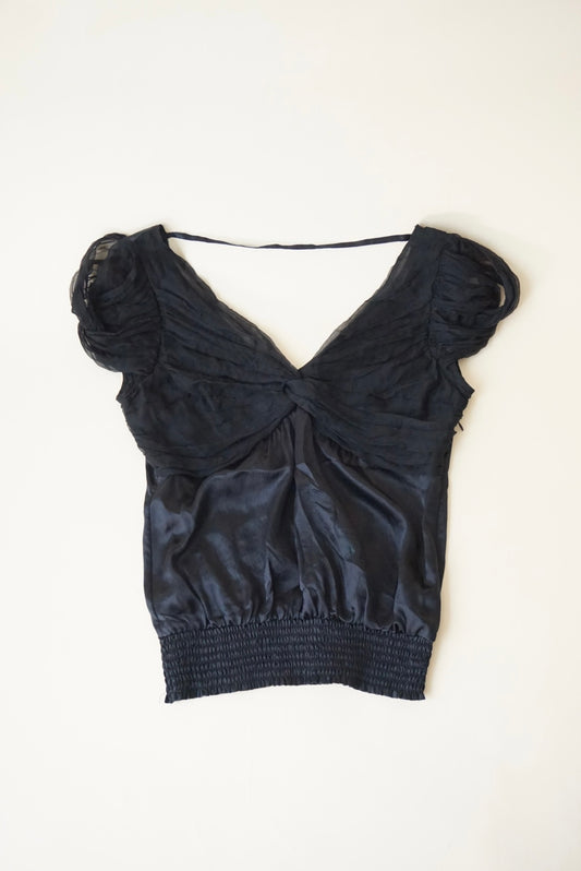 Bebe Y2K Black Silk Chiffon Shirred Hem Plunge Neck Blouse - Size Medium