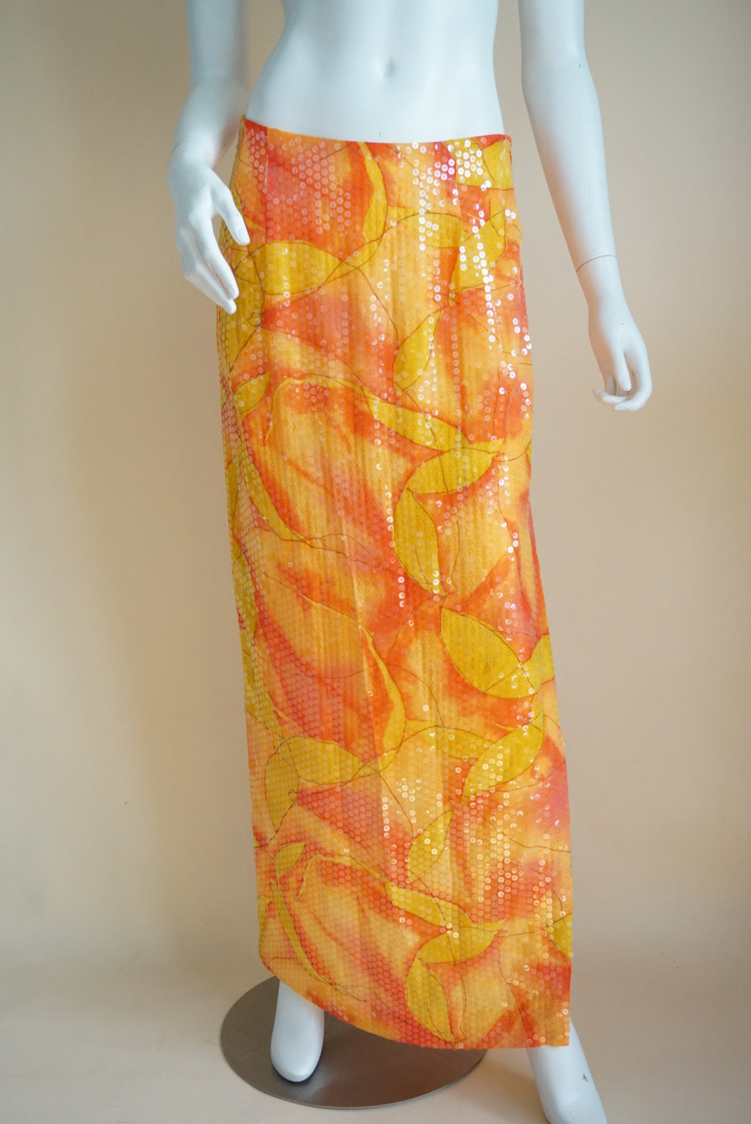 Chetta B Evening Orange Sunset Sequin Maxi Side Slit Skirt - Size 8