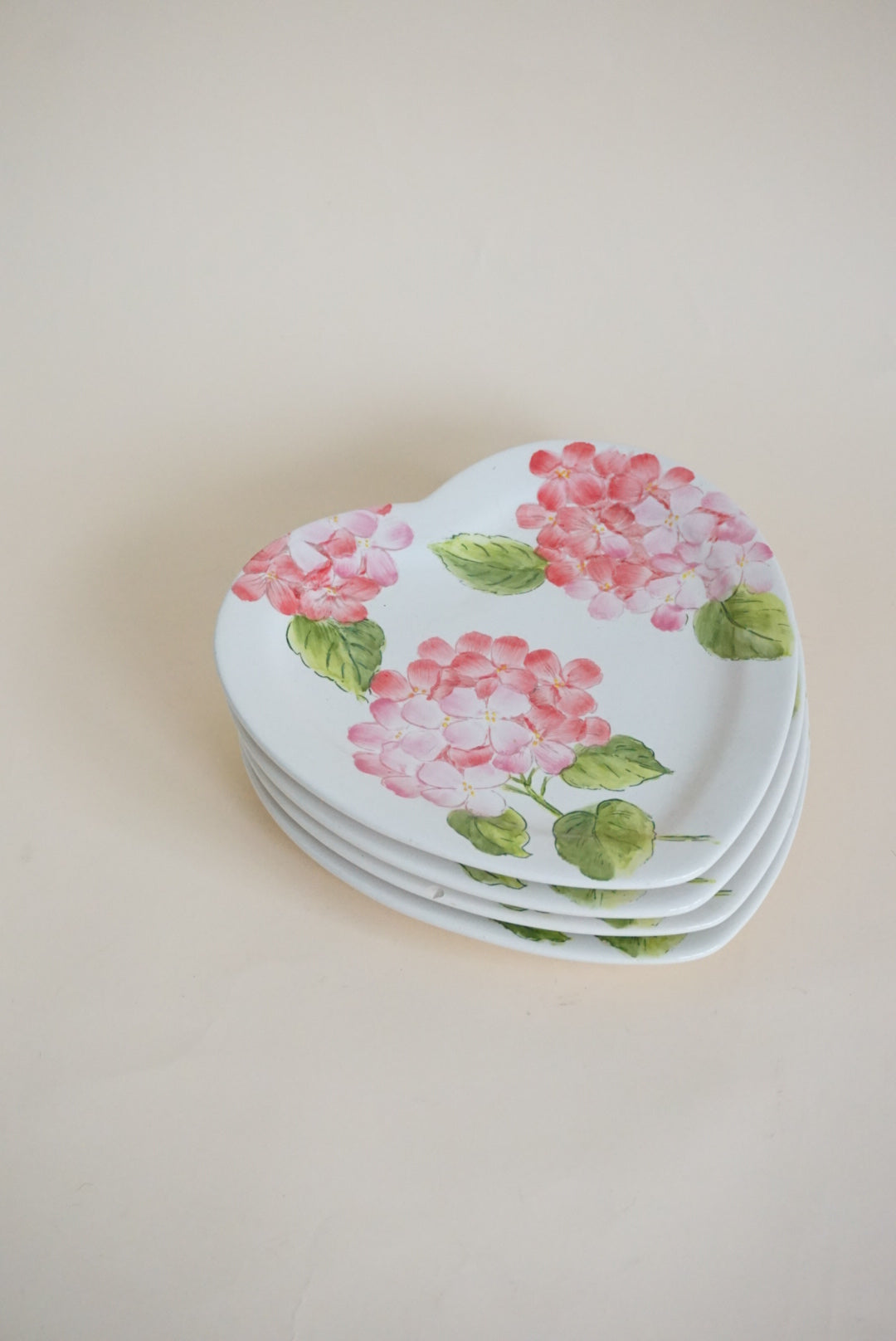 Ceramic Pink Hydrangeas Heart Shape Plates - Set of 4