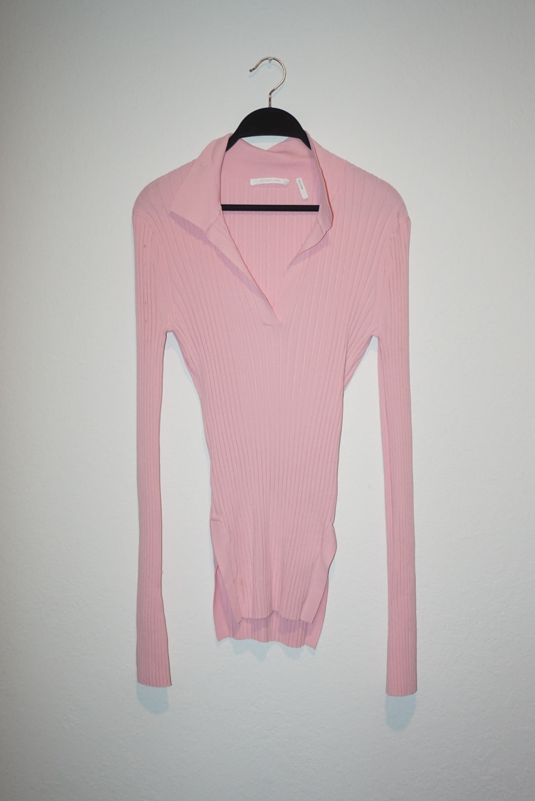 "Helmut Lang" Pink Ribbed Knit Slash Polo Top - Size Large