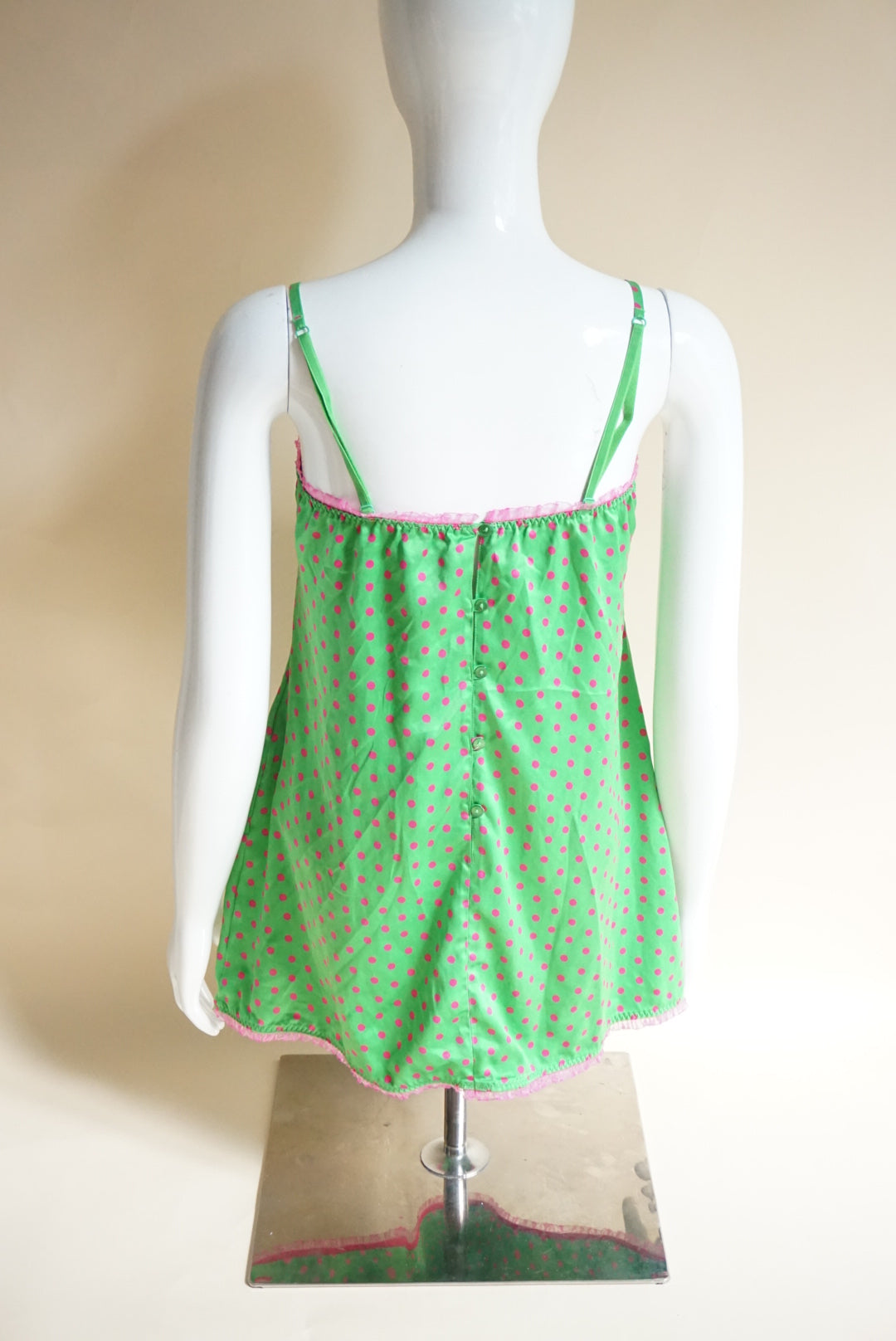 Pout Victoria's Secret Y2K Pink & Green Lace Trim Polka Dot Blouse - Size Medium