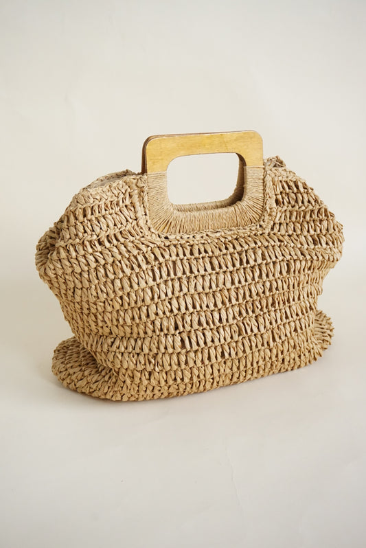 Anncla Square Palmilla Raffia Wooden Handle Tote Beach Bag