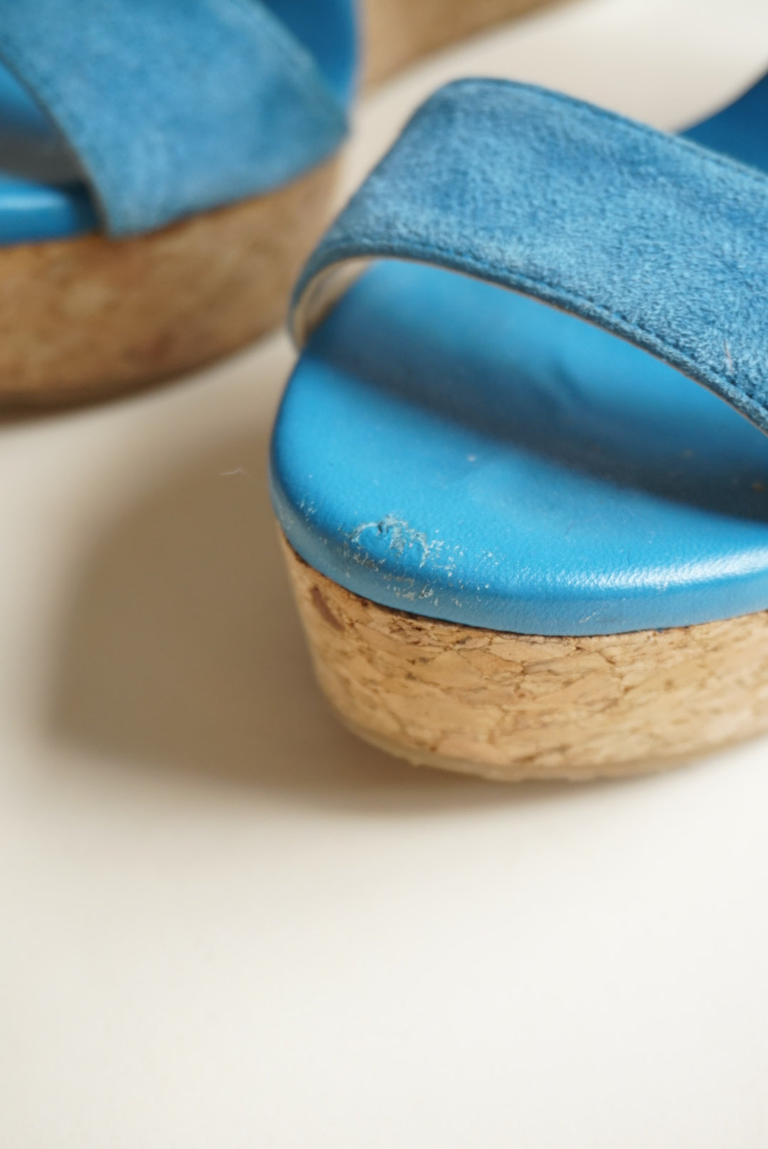 “Jimmy Choo” Blue Suede Cross Strap Cork Wedges - Size 38.5