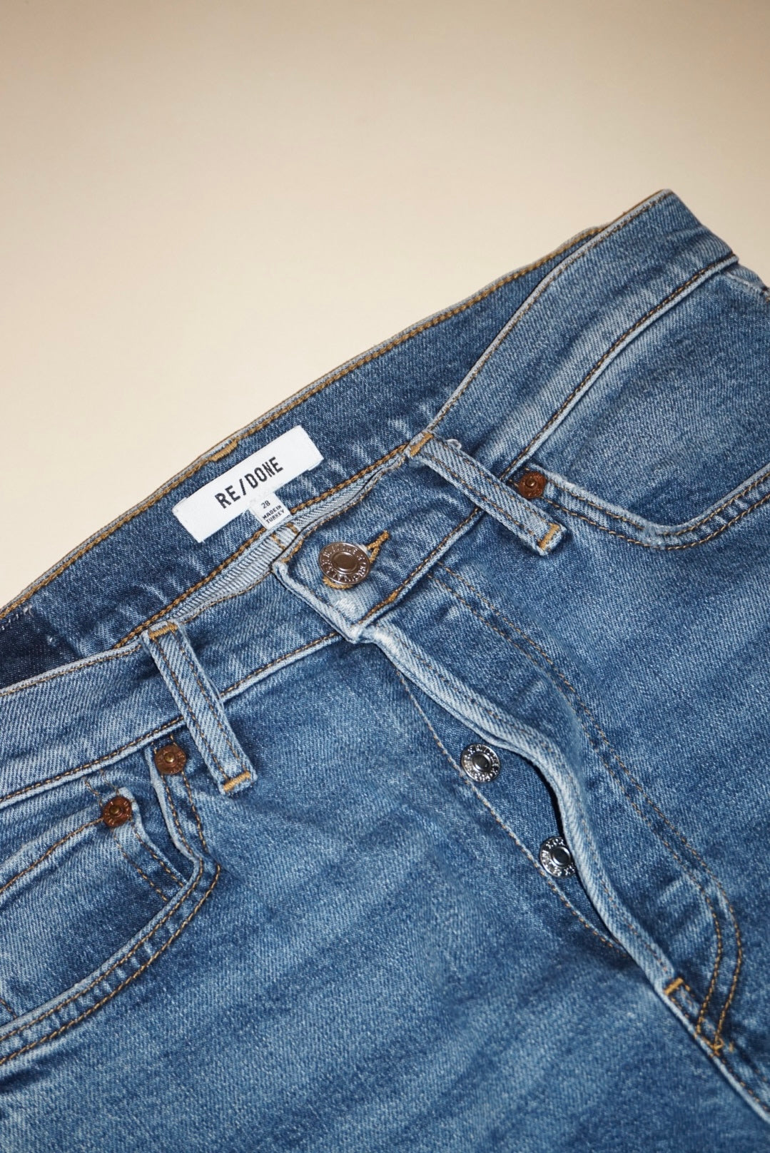 “Re/Done” Medium Wash Frayed Hem Jeans - Size 28