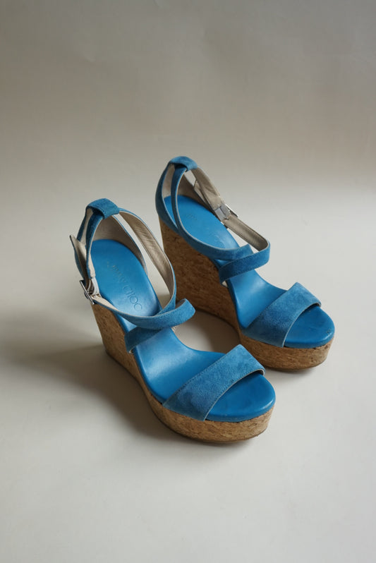 “Jimmy Choo” Blue Suede Cross Strap Cork Wedges - Size 38.5